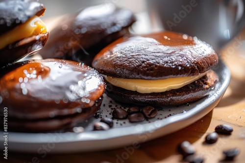Close-up of delicious chocolate whoopie pies with creamy filling, placed on a plate with coffee beans. Perfect for dessert enthusiasts. photo