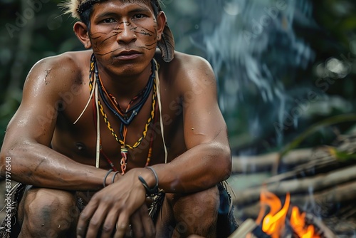 One young serious indigenous man from the Amazon sitting by the fire © Boraryn