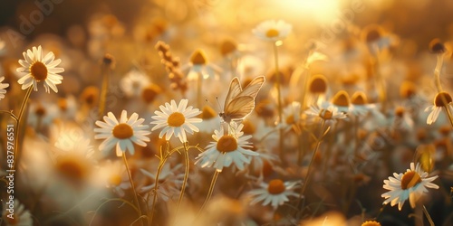 A bright yellow field of daisies with the warm sunlight fading behind, perfect for use as a background or in a still life composition