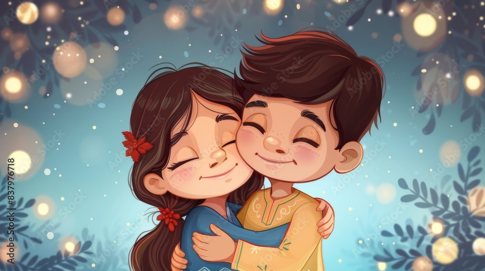 Cartoon vector siblings hugging and smiling after the rakhi ceremony Generative AI Cartoon vector siblings hugging and smiling after the rakhi ceremony Generative AI