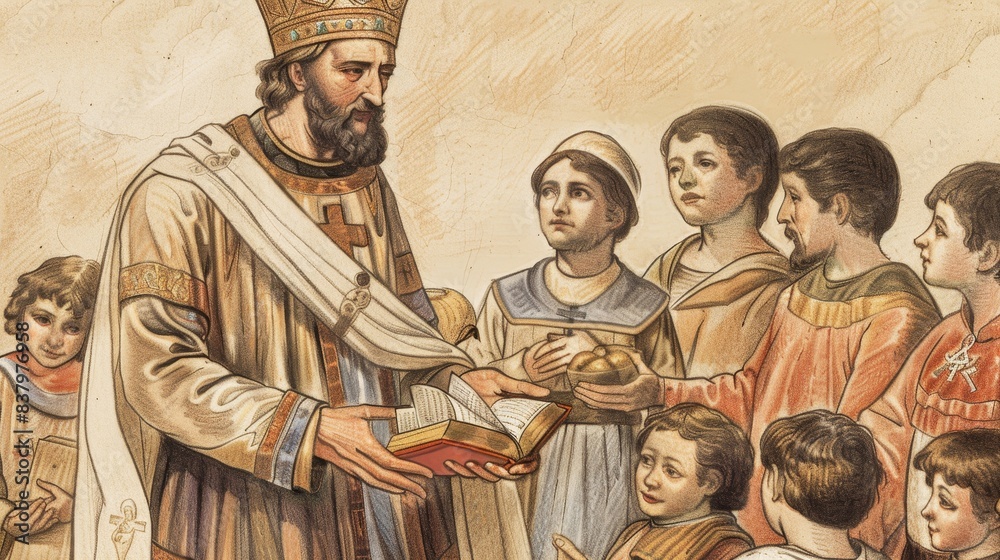 King Saint Louis IX Among the Grateful Poor, Reflecting Charity and Leadership, Beige Background King Saint Louis IX Among the Grateful Poor, Reflecting Charity and Leadership, Beige Background