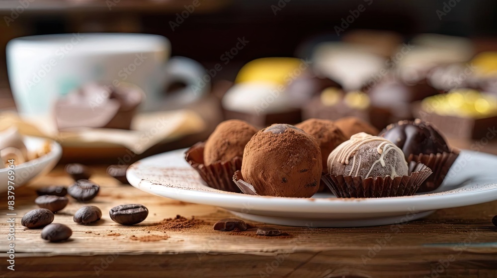 Delicious assorted chocolate truffles on a wooden table with a blurred coffee cup in the background. Selective focus. Gourmet dessert. Delicious assorted chocolate truffles on a wooden table with a blurred coffee cup in the background. Selective focus. Gourmet dessert.