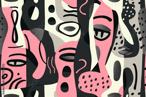 Abstract seamless pattern with doodle shapes in pink  grey  and black colors. Modern street art background for textile design  fabric print  or graphic illustration. Vector illustration in the style o
