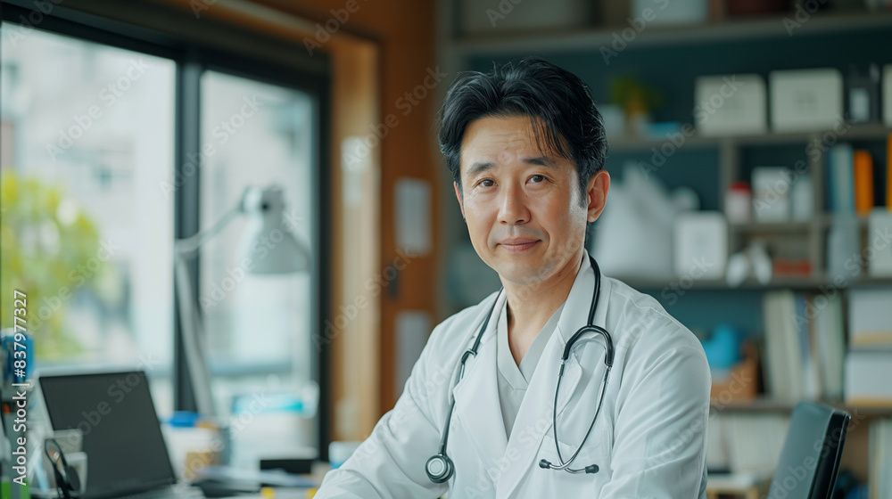 Consultation with a doctor. Portrait of a male doctor in the office before starting to work with patients.