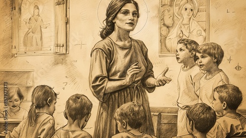 Illustration of Saint Ita as a Great Educator with Children, Medieval Setting on Beige Background