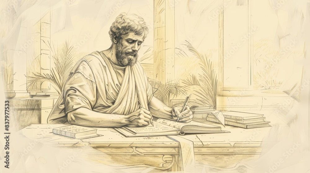Fototapeta premium Depiction of Saint Luke the Evangelist writing his Gospel. Author and physician, simple attire, focused expression, ancient manuscripts, peaceful study. Biblical Illustration, Beige Background