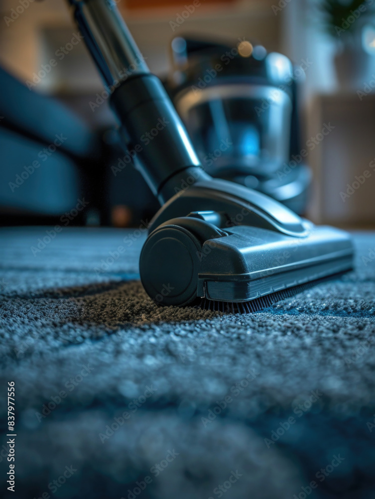 A close-up view of a vacuum cleaner sitting on a carpet, ready to clean A close-up view of a vacuum cleaner sitting on a carpet, ready to clean