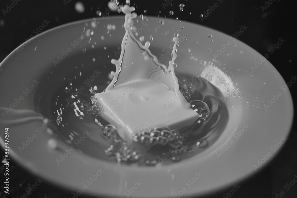 A simple white plate with a small piece of ice sitting on it A simple white plate with a small piece of ice sitting on it