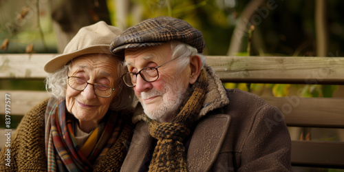 Elderly couple sitting on a bench in the park, copyspace photo