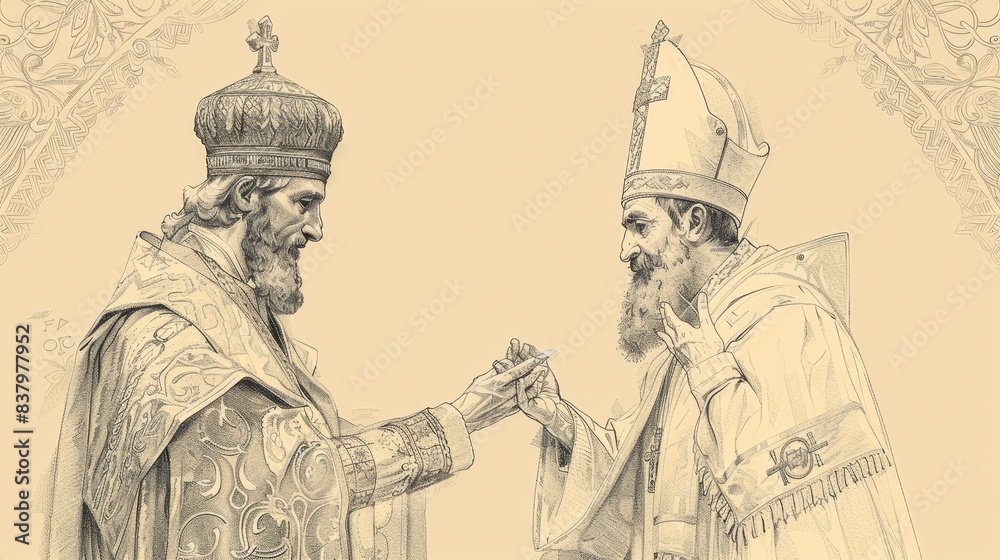 Historical Illustration of Saint Gregory Baptizing, Reflecting Role in Armenian Conversion, Beige Background Historical Illustration of Saint Gregory Baptizing, Reflecting Role in Armenian Conversion, Beige Background