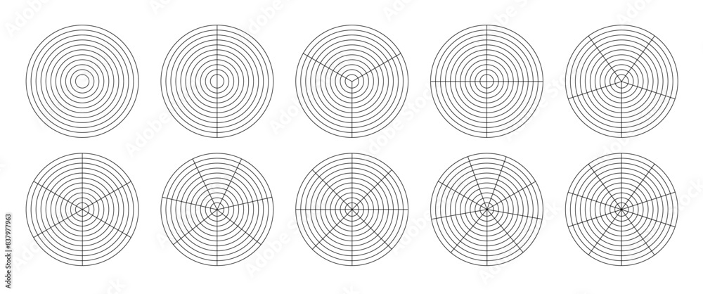 Polar grid concentric circles and steps. Blank vector polar graph paper. Radar circular graph screen. Grid with concentric circles diagram. Vector