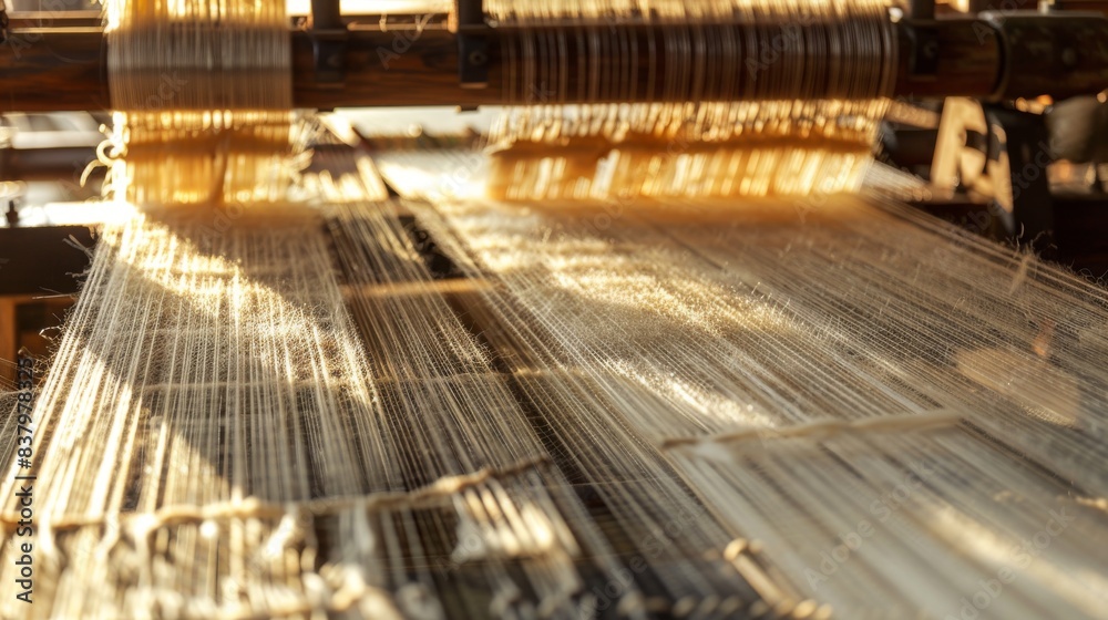 a close-up of a weaving machine warp threads running vertically a close-up of a weaving machine warp threads running vertically