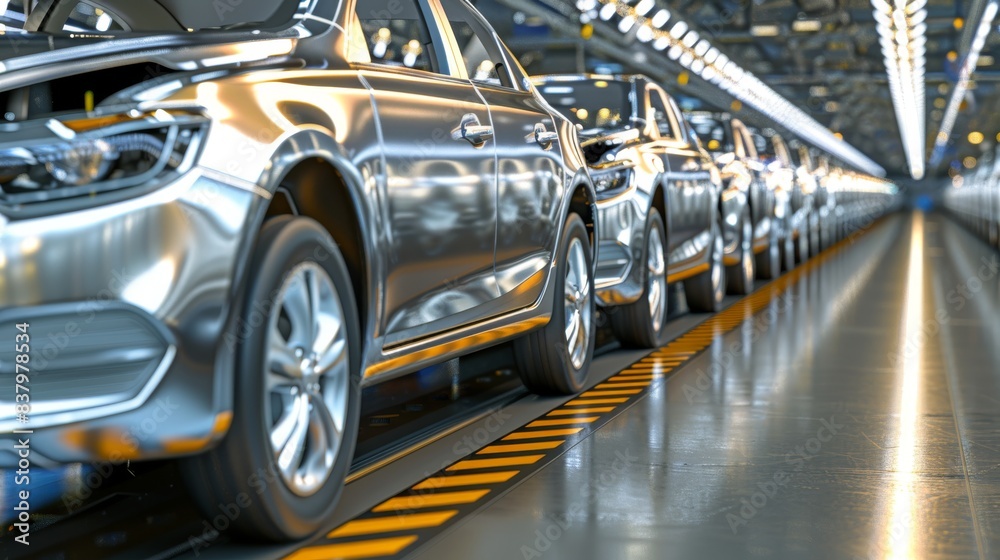 a row of unfinished cars on a metal conveyor belt inside a factory. a row of unfinished cars on a metal conveyor belt inside a factory.