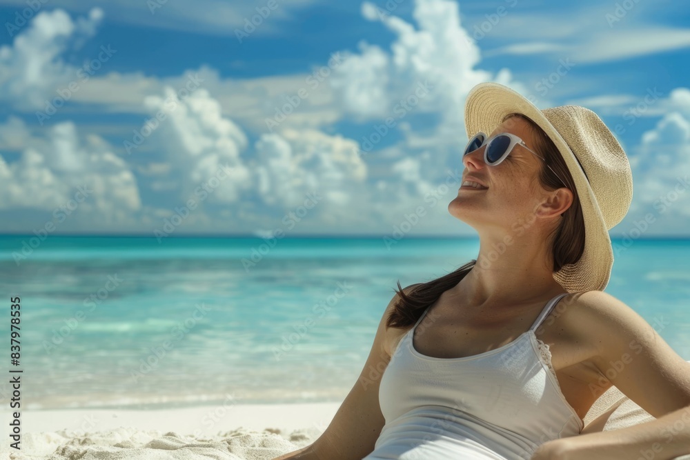 Radiant tourist relishing a carefree moment on the sandy shore, ideal for travel advertisements Radiant tourist relishing a carefree moment on the sandy shore, ideal for travel advertisements