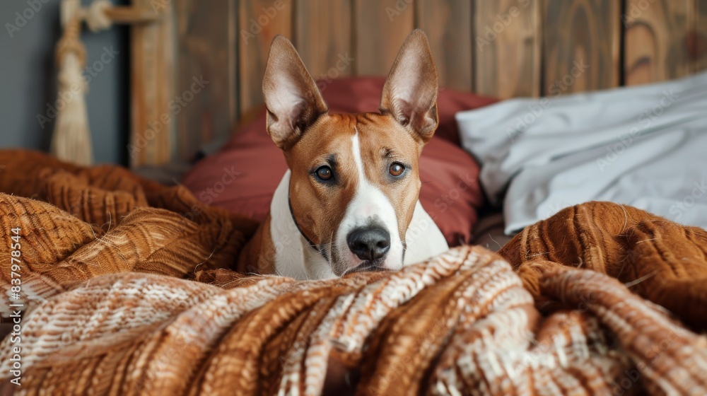 Obraz premium Brown and white Bull Terrier lounging on comfortable bed