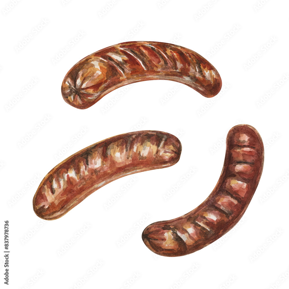 Three grilled sausages in watercolor. Traditional German, Austrian food and culinary design. Bratwurst for Oktoberfest theme, clipart for flyers, posters, menu, brewery, snack stand, cultural events Three grilled sausages in watercolor. Traditional German, Austrian food and culinary design. Bratwurst for Oktoberfest theme, clipart for flyers, posters, menu, brewery, snack stand, cultural events
