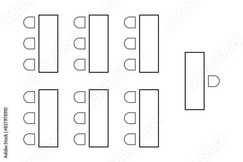 Graphic schema of seats in classroom. Lectorium, meeting or conference, training, seminar or business event seatings arrangement. Desks and chairs icons. Auditorium plan top view. Vector illustration