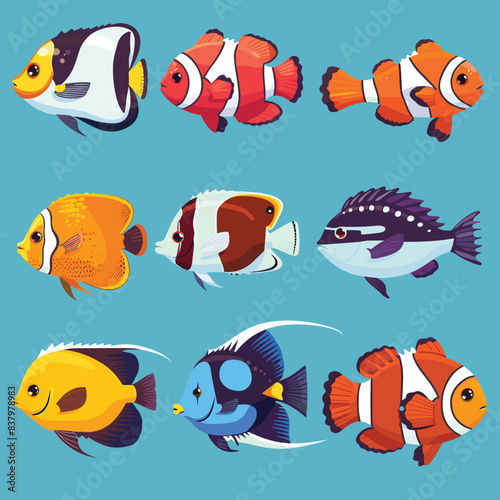 Collection colorful tropical fish illustrations against blue background. Different species showcasing variety patterns colors. Bright cartoon style emphasizes fish features expressions