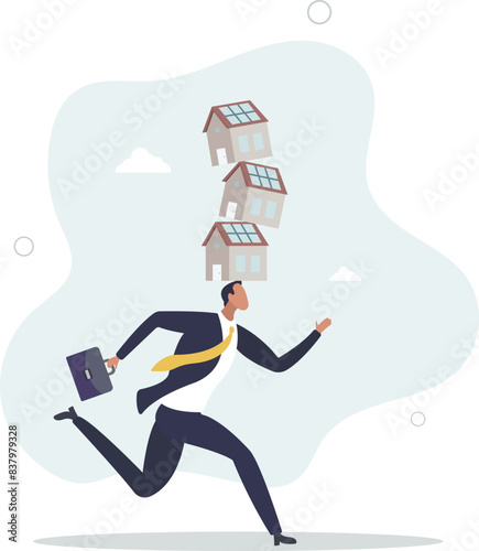 tried businessman balancing unstable stack of houses he bought.flat vector illustration.