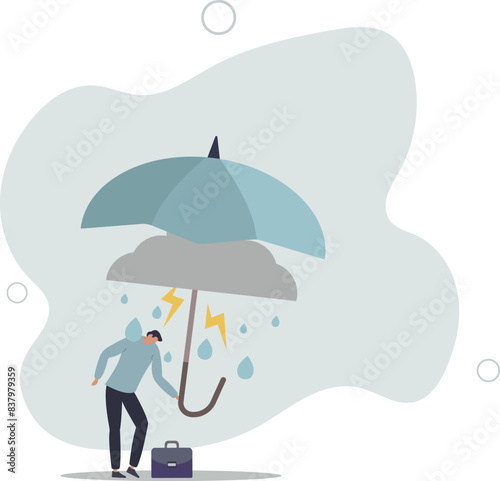 soak businessman standing wet under fail umbrella in raining day.flat vector illustration.