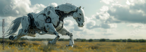 A sleek robot horse galloping through a grassy field 