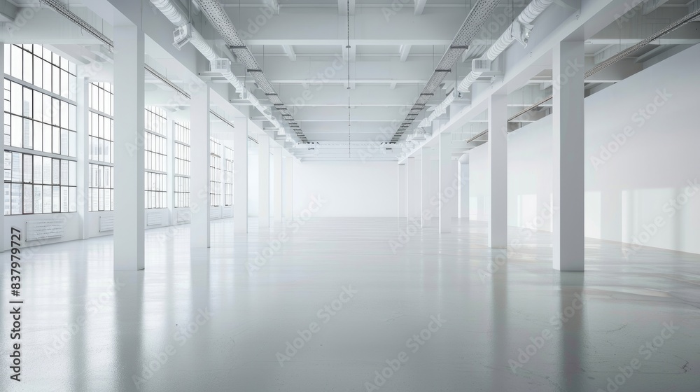 Industrial white warehouse with high ceilings and an empty floor plan, surrounded by a uniform white background Industrial white warehouse with high ceilings and an empty floor plan, surrounded by a uniform white background