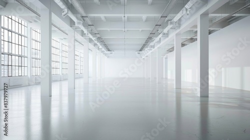 Industrial white warehouse with high ceilings and an empty floor plan, surrounded by a uniform white background