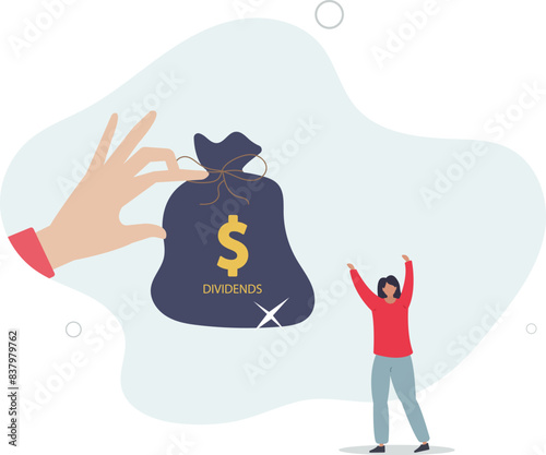 businessman investor hand holding big money bag with label Dividends and dollar money sign.flat vector illustration.