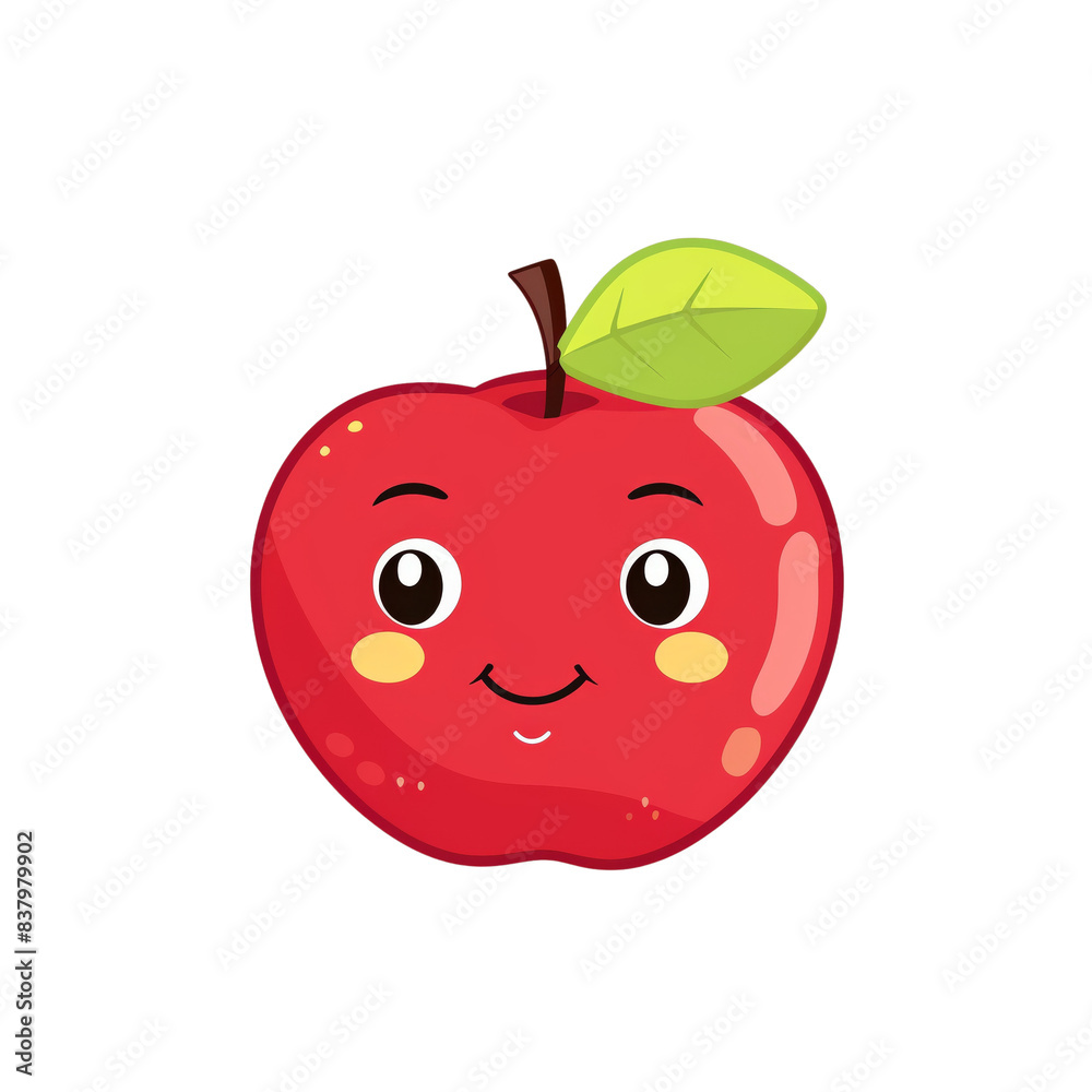 Cute cartoon red apple with a smiling face and a green leaf. Ideal for kids' illustrations, educational materials, and food-related designs. transparent, PNG, Cute cartoon red apple with a smiling face and a green leaf. Ideal for kids' illustrations, educational materials, and food-related designs. transparent, PNG,