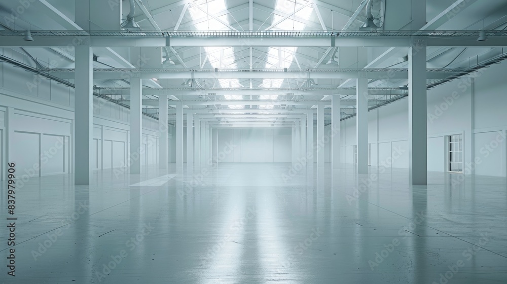 Industrial white warehouse with high ceilings and an empty floor plan, surrounded by a uniform white background Industrial white warehouse with high ceilings and an empty floor plan, surrounded by a uniform white background
