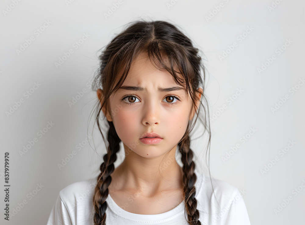 Serious child kid holding crossed hands isolated on white background, looking at camera waist up caucasian little girl of 5 years in blue Serious child kid holding crossed hands isolated on white background, looking at camera waist up caucasian little girl of 5 years in blue