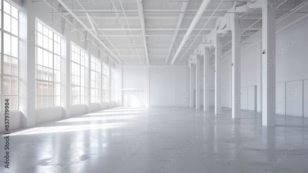 Industrial white warehouse with high ceilings and an empty floor plan, surrounded by a uniform white background