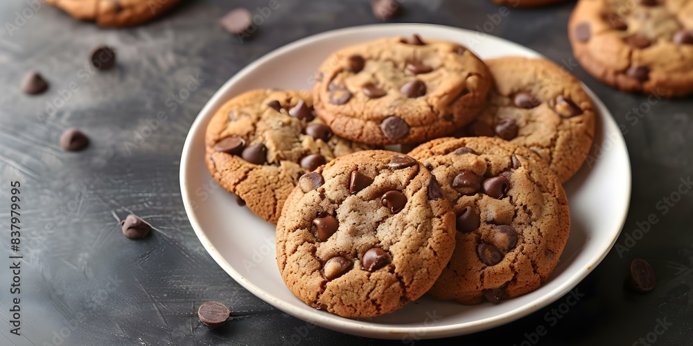 Topdown view of chocolate chip cookies on white plate food background. Concept Food Photography, Chocolate Chip Cookies, Topdown View, White Plate, Delicious Treat Topdown view of chocolate chip cookies on white plate food background. Concept Food Photography, Chocolate Chip Cookies, Topdown View, White Plate, Delicious Treat