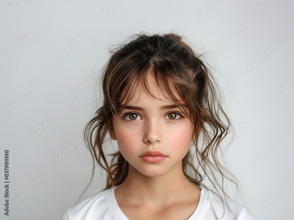 Serious child kid holding crossed hands isolated on white background, looking at camera waist up caucasian little girl of 5 years in blue Serious child kid holding crossed hands isolated on white background, looking at camera waist up caucasian little girl of 5 years in blue