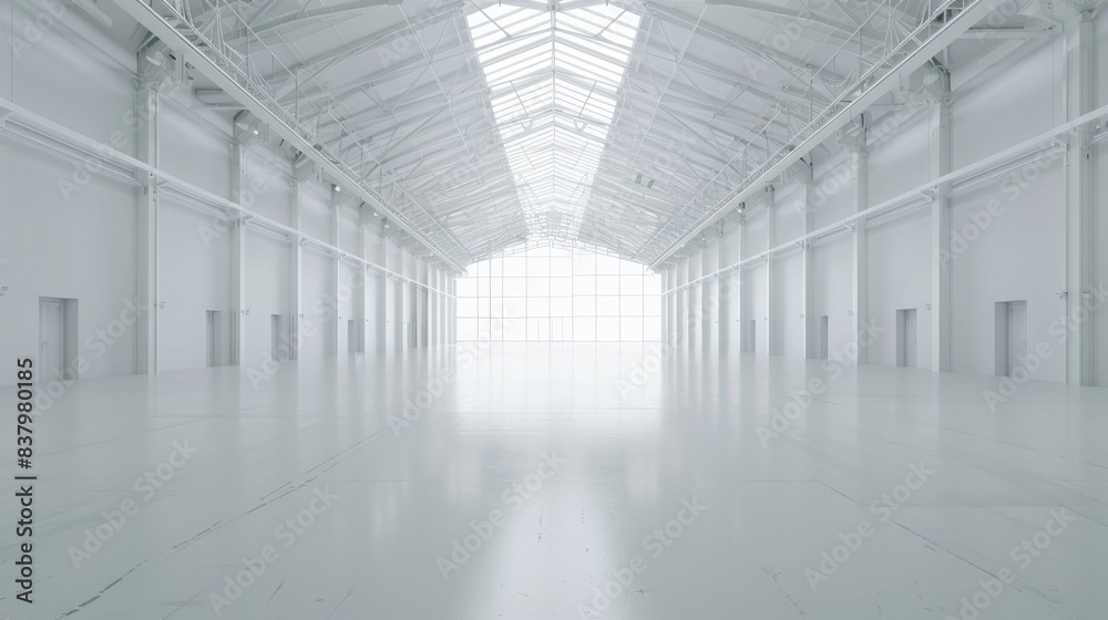 Industrial white warehouse with high ceilings and an empty floor plan, surrounded by a uniform white background Industrial white warehouse with high ceilings and an empty floor plan, surrounded by a uniform white background