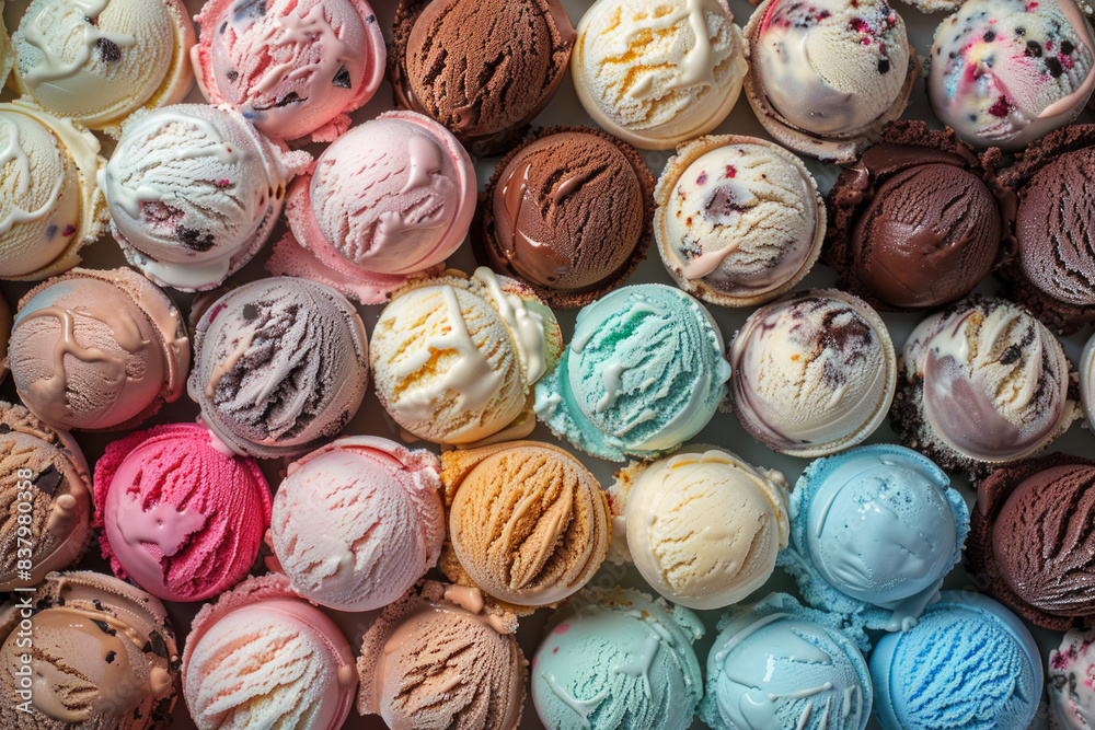 A dense arrangement of ice cream scoops in various flavors and colors, filling the entire frame. The ice cream features a range of hues from pastel pinks and blues to rich chocolate browns. A dense arrangement of ice cream scoops in various flavors and colors, filling the entire frame. The ice cream features a range of hues from pastel pinks and blues to rich chocolate browns.