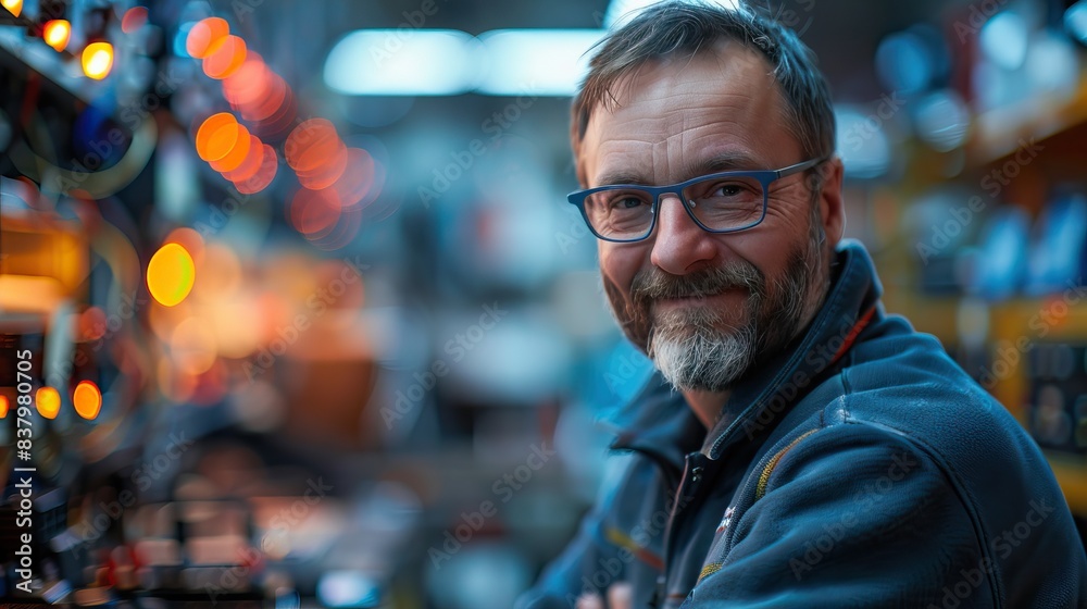 Smiling middle-aged man with glasses in a technology workshop with colorful bokeh lights in the background