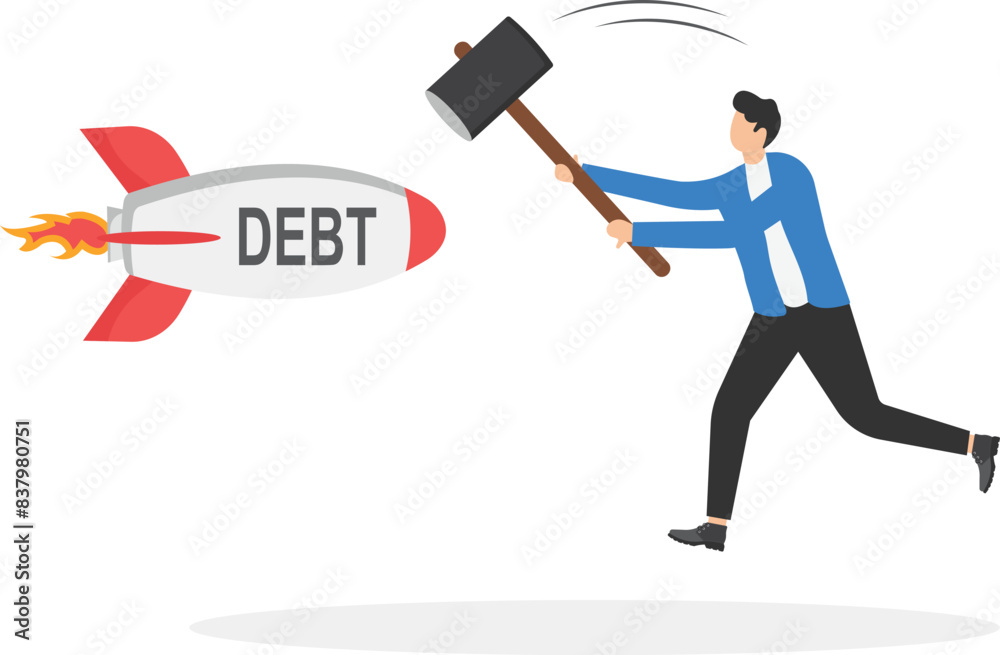 Confident businessman smashes burden of debt using hammer. Successful male entrepreneur starts making profit. Rockets of taxes, bills. Financial independence concept. Lack of debts, loans. Flat Vector Confident businessman smashes burden of debt using hammer. Successful male entrepreneur starts making profit. Rockets of taxes, bills. Financial independence concept. Lack of debts, loans. Flat Vector