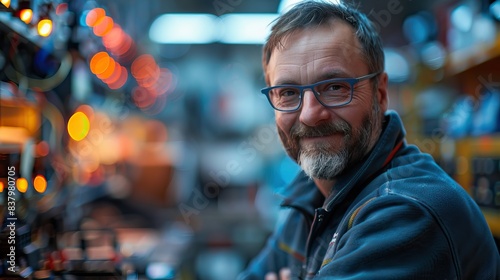 Smiling middle-aged man with glasses in a technology workshop with colorful bokeh lights in the background © JS_Stock