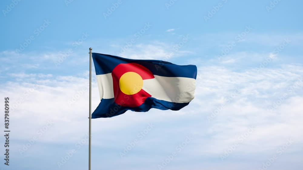 Flag US state Colorado against cloudy sky. Colorado flag waving in the wind, national symbol. State, nation, union, flag, government, culture, politics.