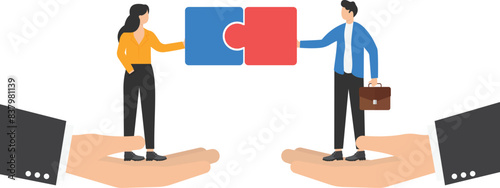 Giant hands hold businessmen making deal. Online platform or service for b2b communication. Helping business find partners and close profitable deals. People put puzzle pieces together, agreement.
