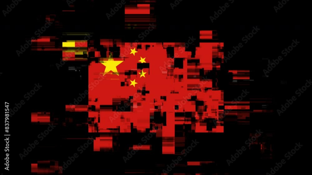 Flag China with screen effects of technological failures. Spectacular screen glitch with various kinds of interference. Looped Flag China with screen effects of technological failures. Spectacular screen glitch with various kinds of interference. Looped
