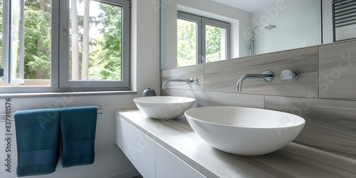 Modern Scandinavian bathroom with wallmounted white ceramic vessel sink. Concept Scandinavian Design  Modern Bathroom  White Vessel Sink  Wall-Mounted  Ceramic Sink