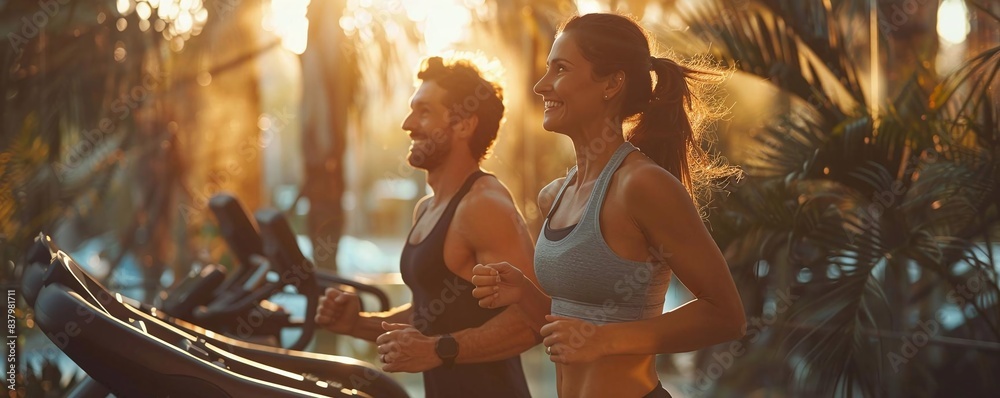 Fototapeta premium A couple motivating each other while running on elliptical machines