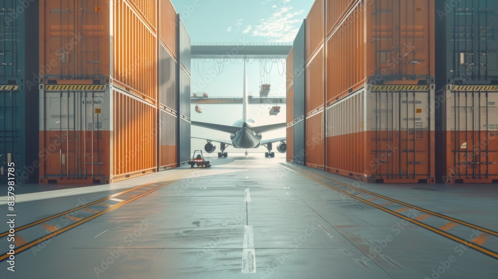 Fototapeta premium Ground view of cargo containers being loaded into a modern freighter jet aircraft
