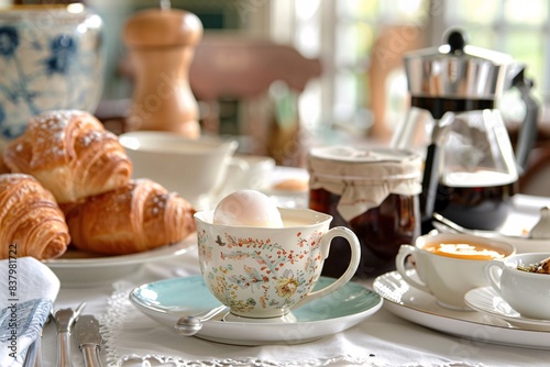 An inviting breakfast spread with a soft-boiled egg in a vintage ceramic egg cup, accompanied by a variety of breakfast items. The egg is cracked open to reveal a perfectly runny yolk. The table