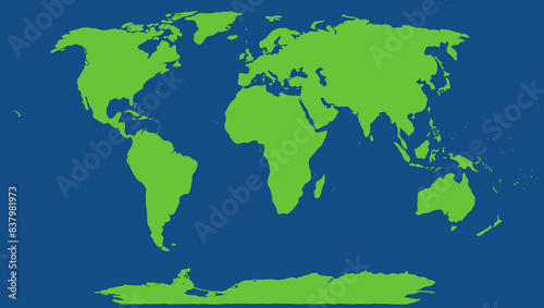Fototapeta Naklejka Na Ścianę i Meble -  Green silhouette of the world map on the blue background.	
