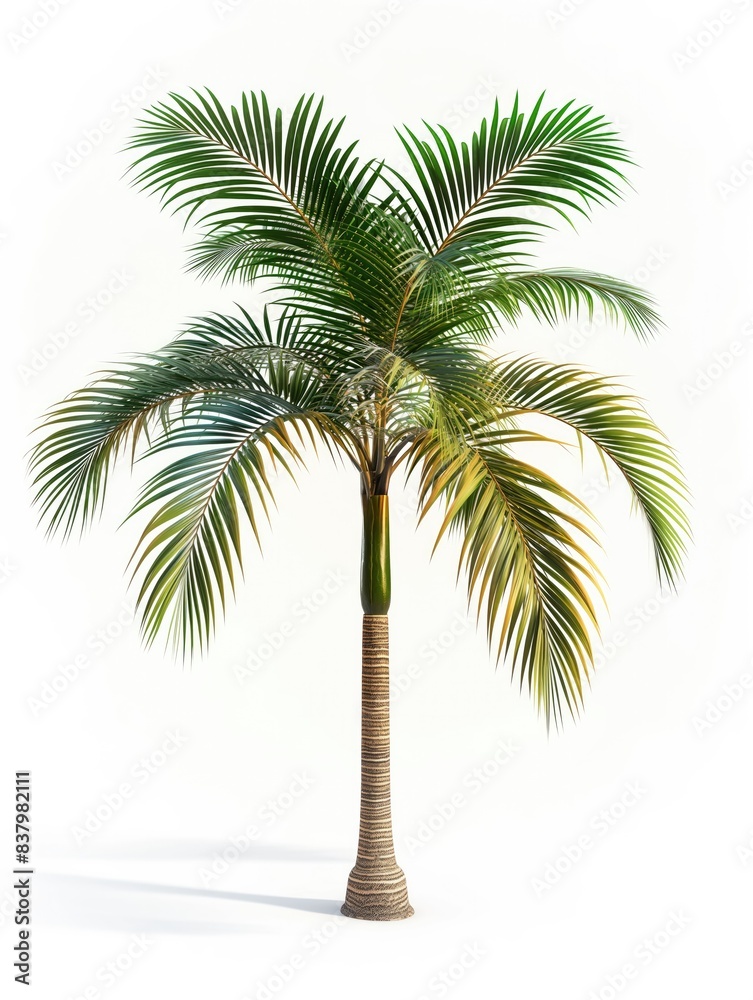 Obraz premium Tall Palm Tree with Slender Trunk and Spreading Green Fronds Isolated on White Background