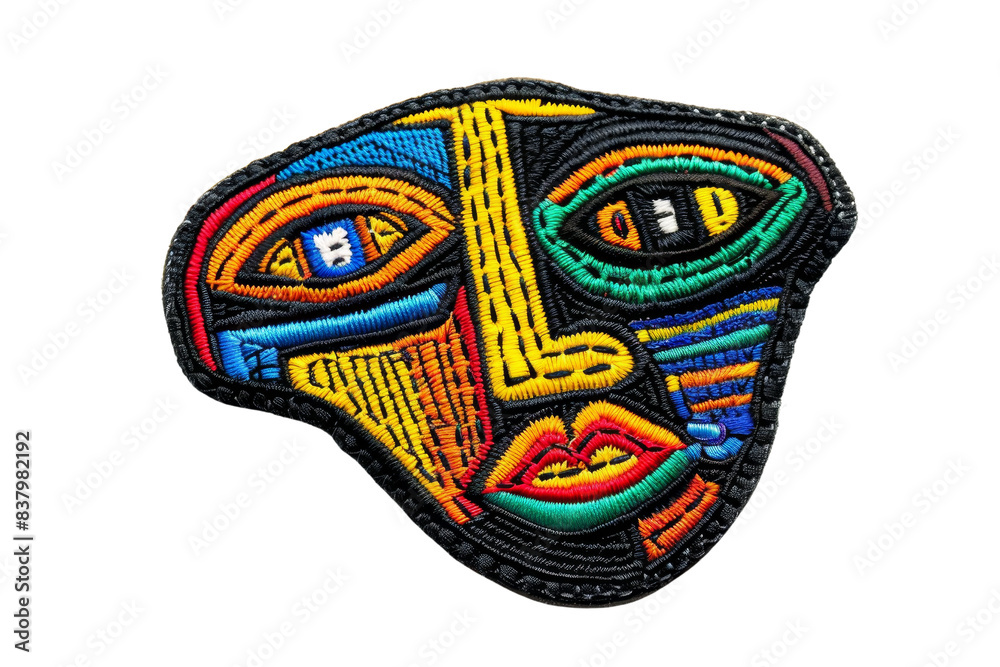 Colorful abstract face patch, featuring vibrant embroidered patterns and geometric design elements in bright hues. Perfect for creative projects. Colorful abstract face patch, featuring vibrant embroidered patterns and geometric design elements in bright hues. Perfect for creative projects.
