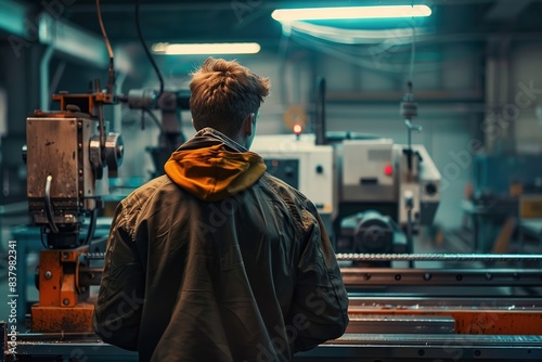 Over-the-shoulder view of an industrial worker operating CNC machinery